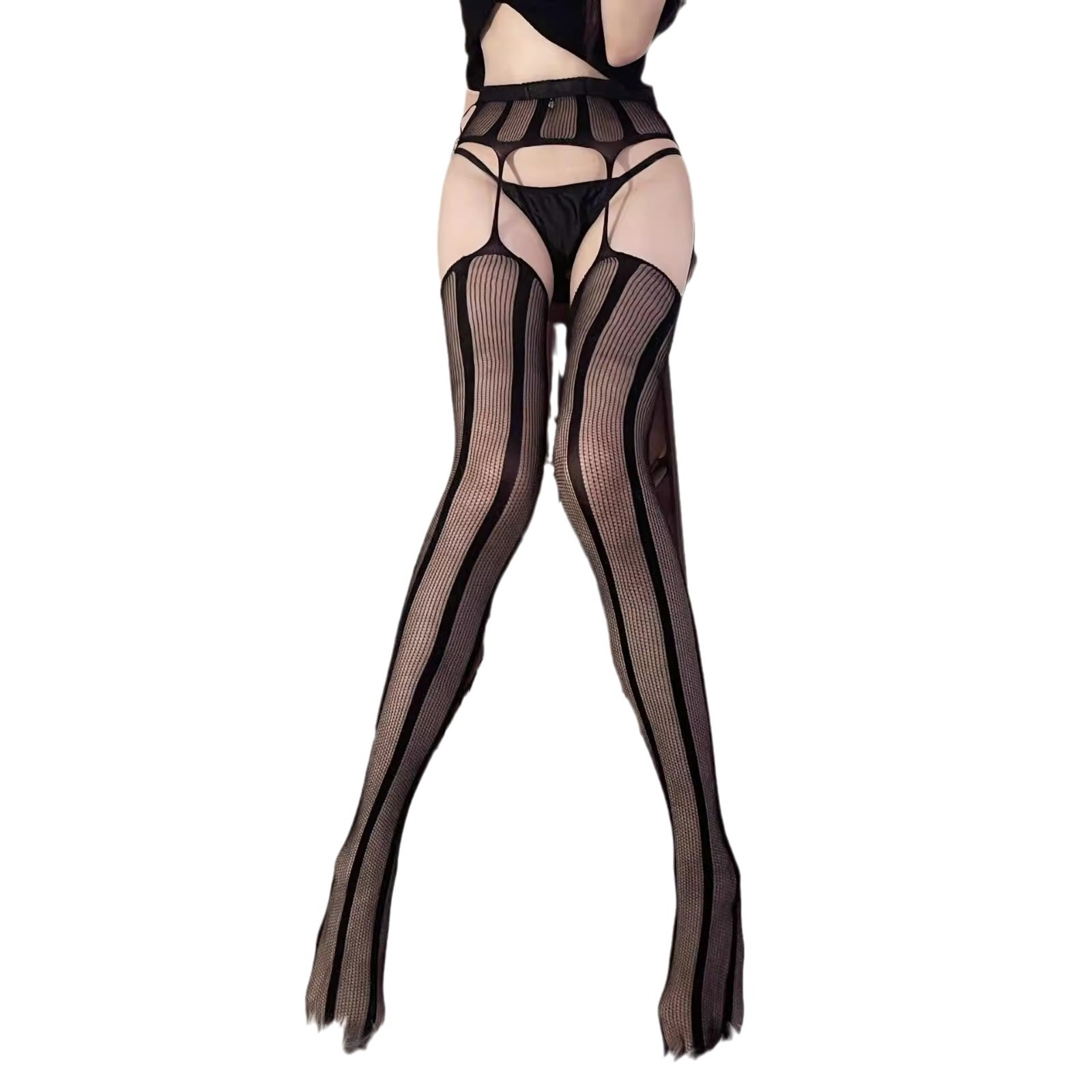 Retro Black Striped Hollow High Quality Halter Sexy Leg Pantyhose Women's Summer Thin Stockings