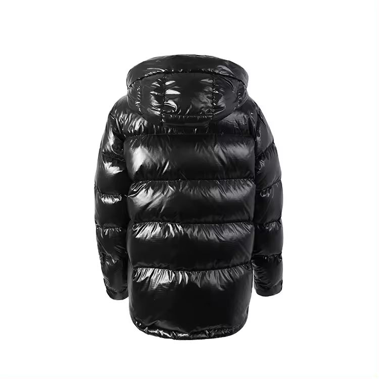 Black custom Logo brand hooded  plus size nylon  glossy shiny down puffer bubble jacket men