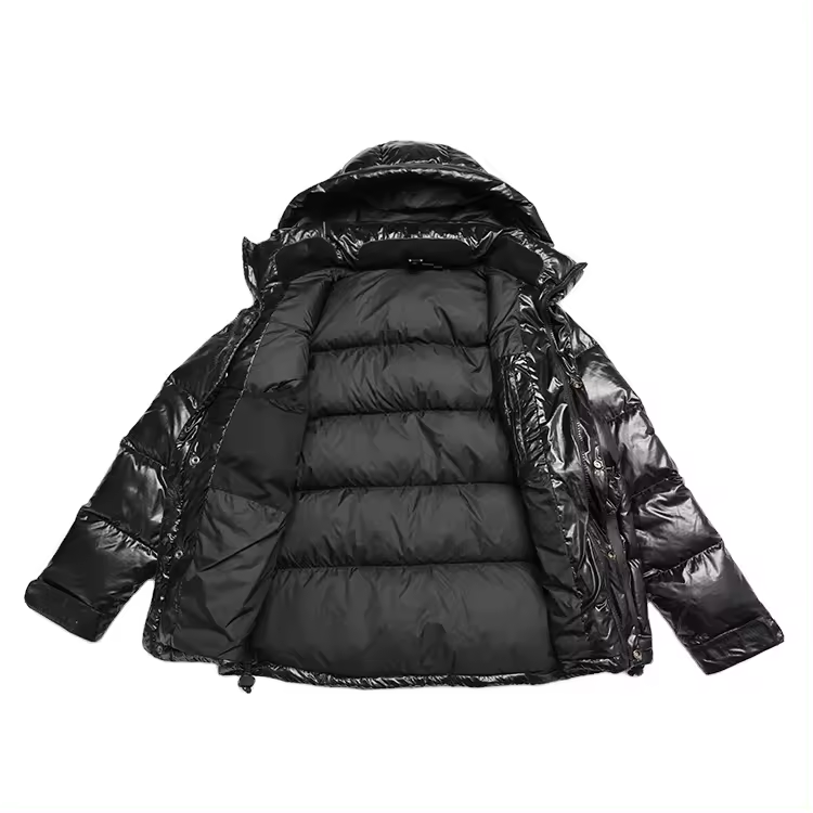 Black custom Logo brand hooded  plus size nylon  glossy shiny down puffer bubble jacket men