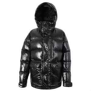 Black custom Logo brand hooded  plus size nylon  glossy shiny down puffer bubble jacket men