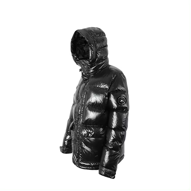 Black custom Logo brand hooded  plus size nylon  glossy shiny down puffer bubble jacket men