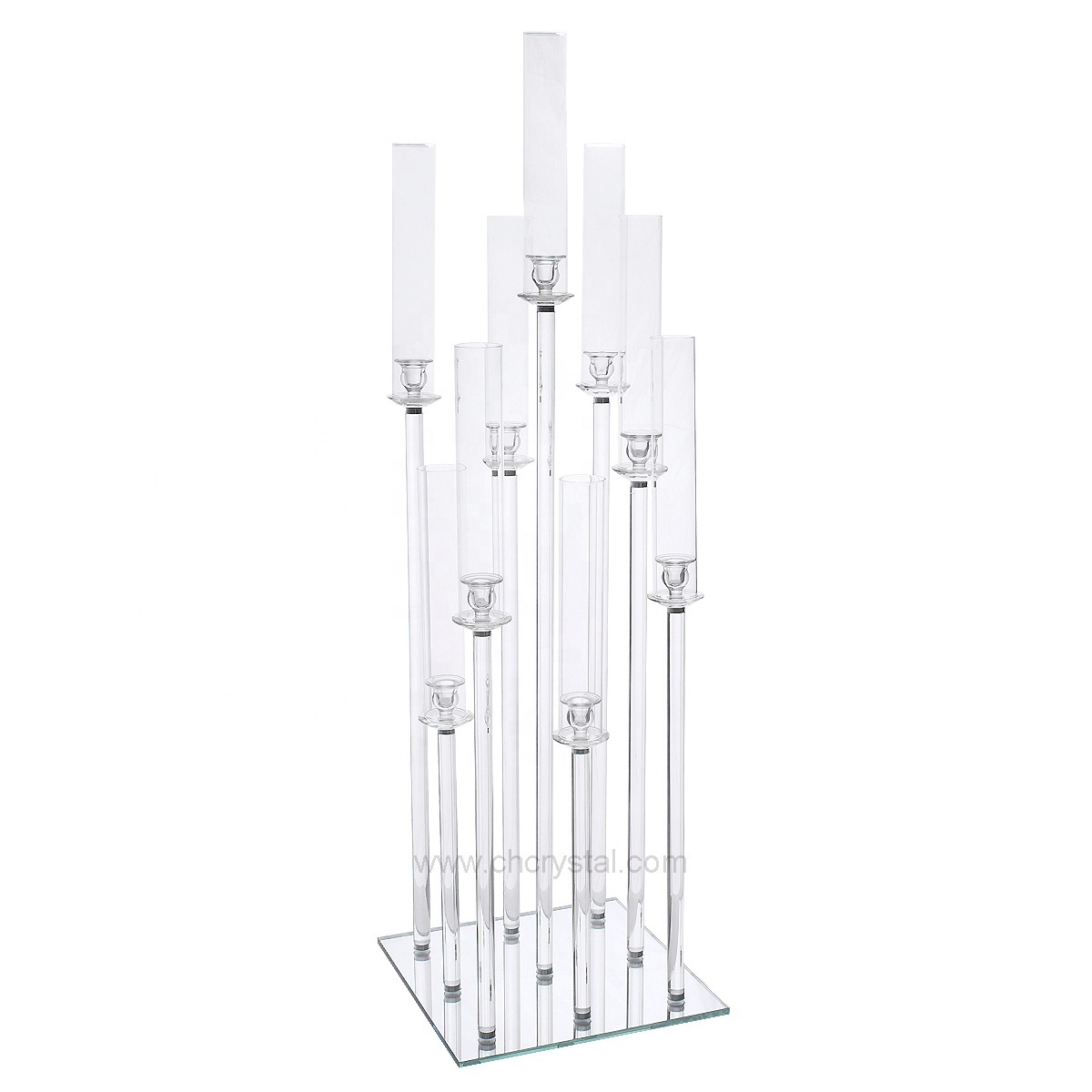 Elegant colorful Acrylic 9 arms crystal candelabra glass desktop wedding fountain centerpieces with the mirror base