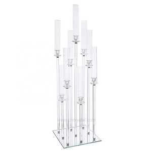 Elegant colorful Acrylic 9 arms crystal candelabra glass desktop wedding fountain centerpieces with the mirror base