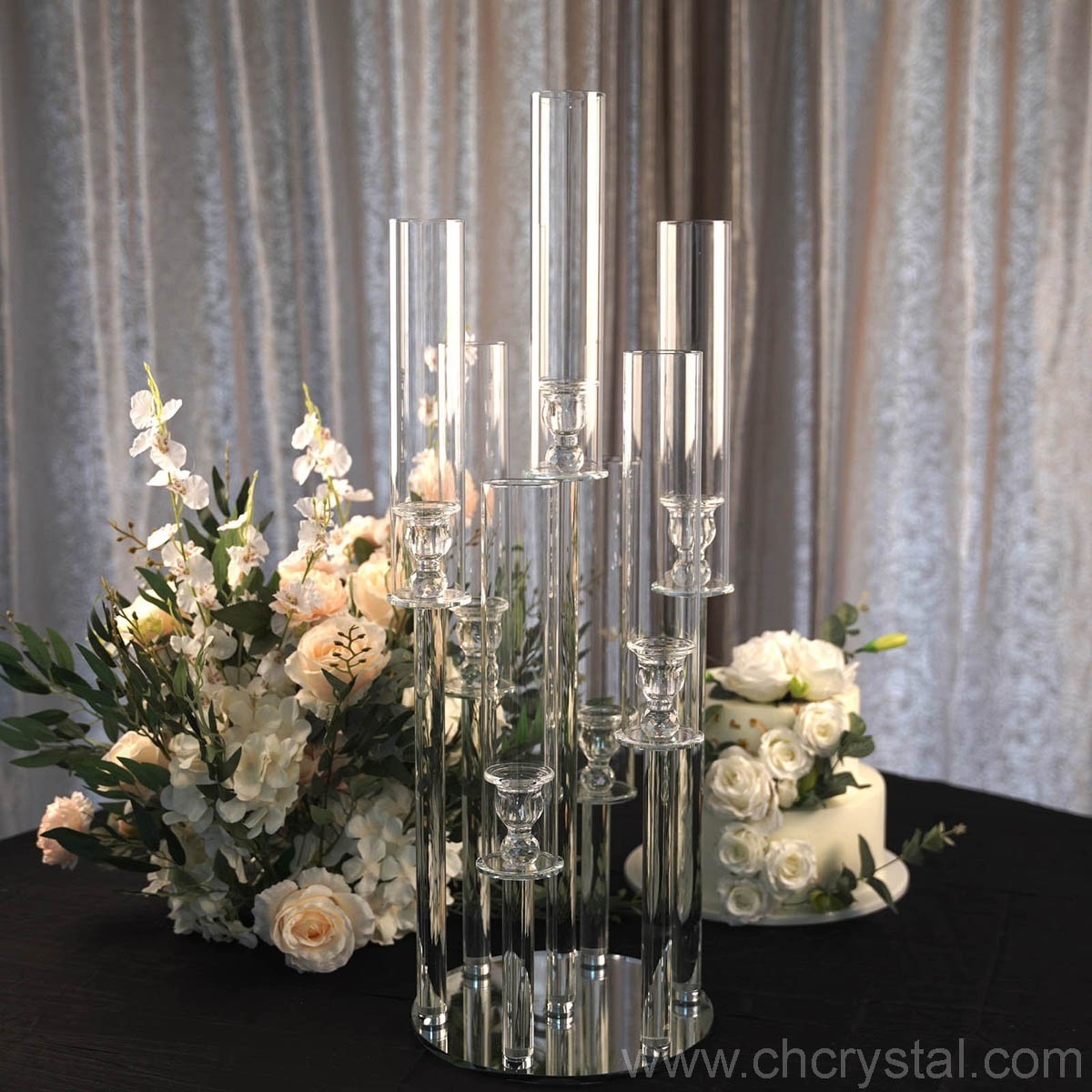 Table decoration 7 arms candle holder tall K9 crystal with Circular base glass tubes wedding candelabra sale used