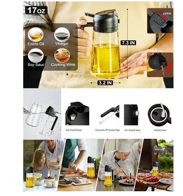 Air Fryer, BBQ Oil Sprayer for Cooking 2 in 1 Olive Oil Dispenser Bottle for Kitchen 17oz/470ml Premium Glass Oil Bottle