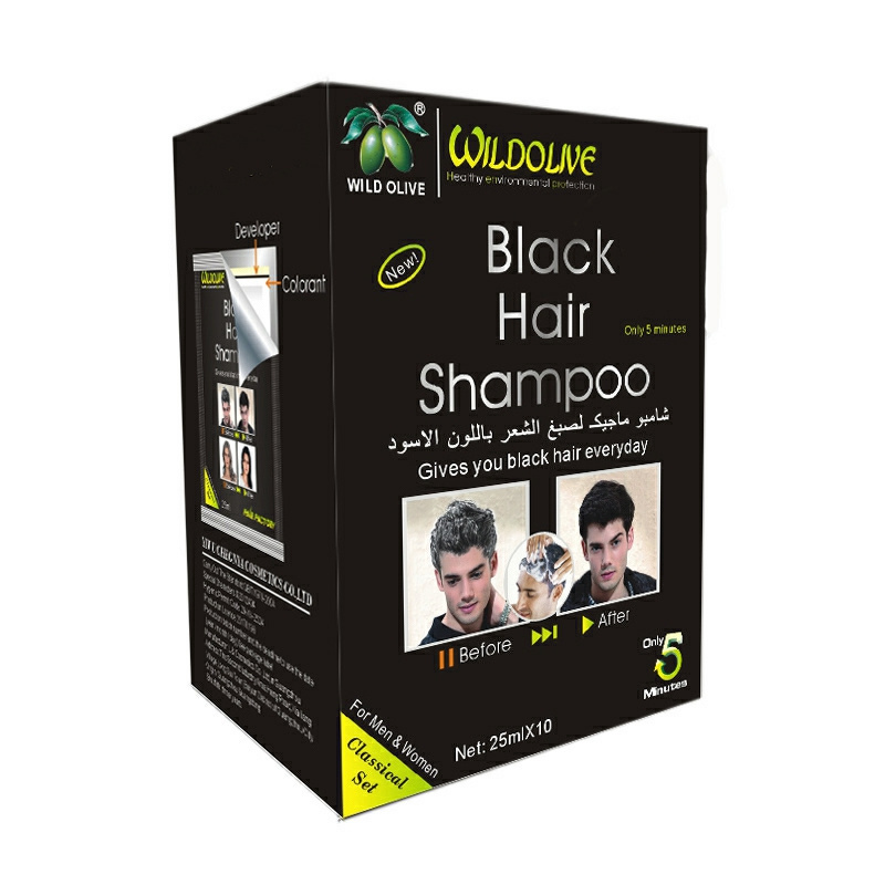 A box of 10 packs of hair coloring shampoo quickly removes white hair and super black hair coloring products