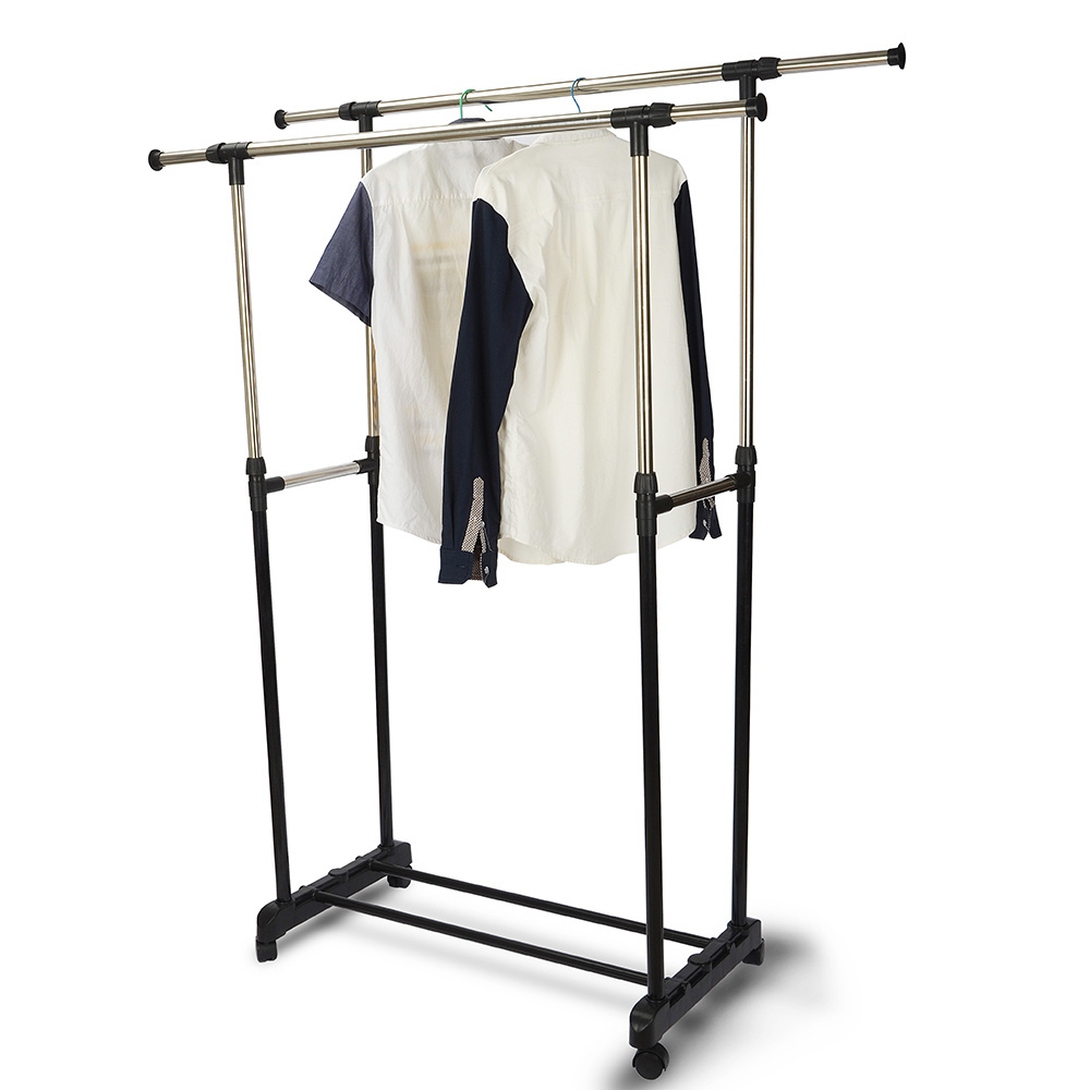 Height Adjustable Double Rod Clothes Rack for Hanging Clothes Portable Rolling Garment Rack