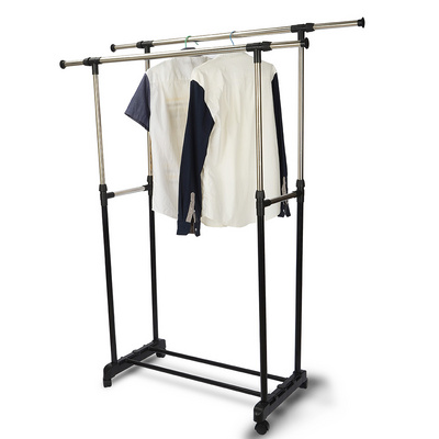 Height Adjustable Double Rod Clothes Rack for Hanging Clothes Portable Rolling Garment Rack