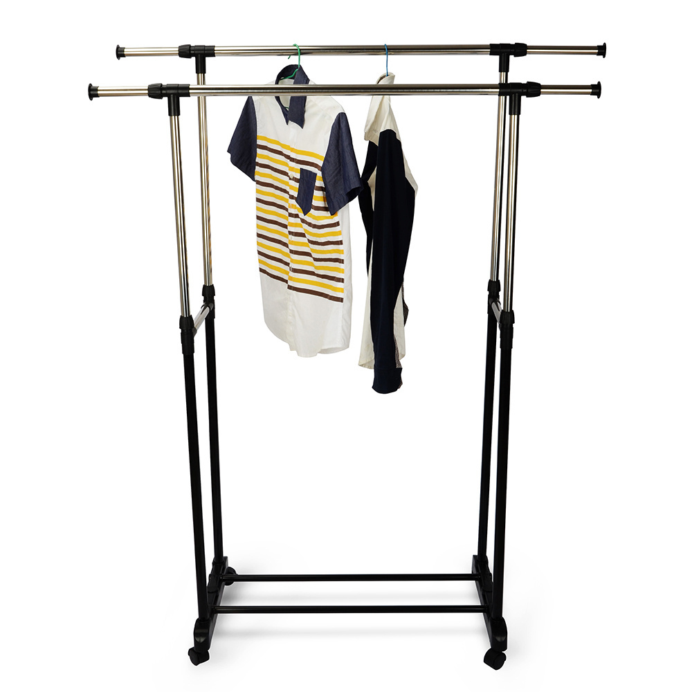 Height Adjustable Double Rod Clothes Rack for Hanging Clothes Portable Rolling Garment Rack