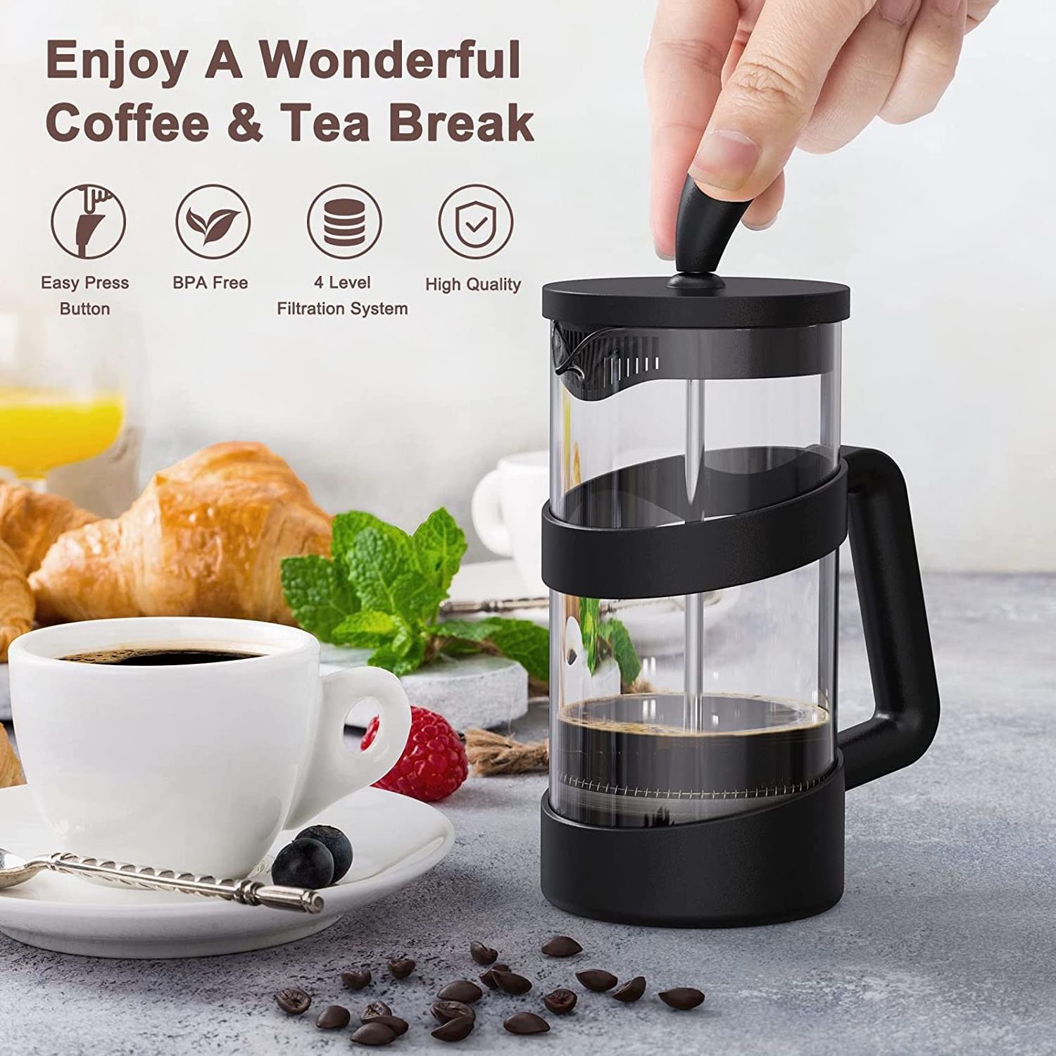 350ml 600ml 1000ml Bamboo Lid Cafetiere Prensa Francesa Stainless Steel Travel Camping Coffee French Press