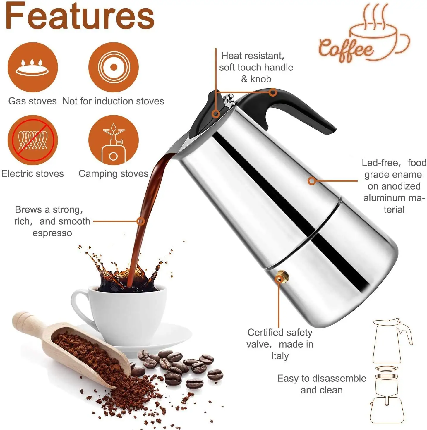 New design moka pot hot selling glass stainless steel espresso coffee electric maker customize factory price Italian classic