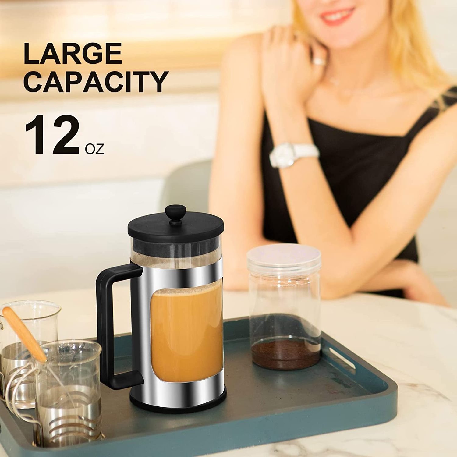 BPA Free Plastic French Press Coffee and Tea Maker Borosilicate Glass Coffee Mini French Press with 3 Filter Screens