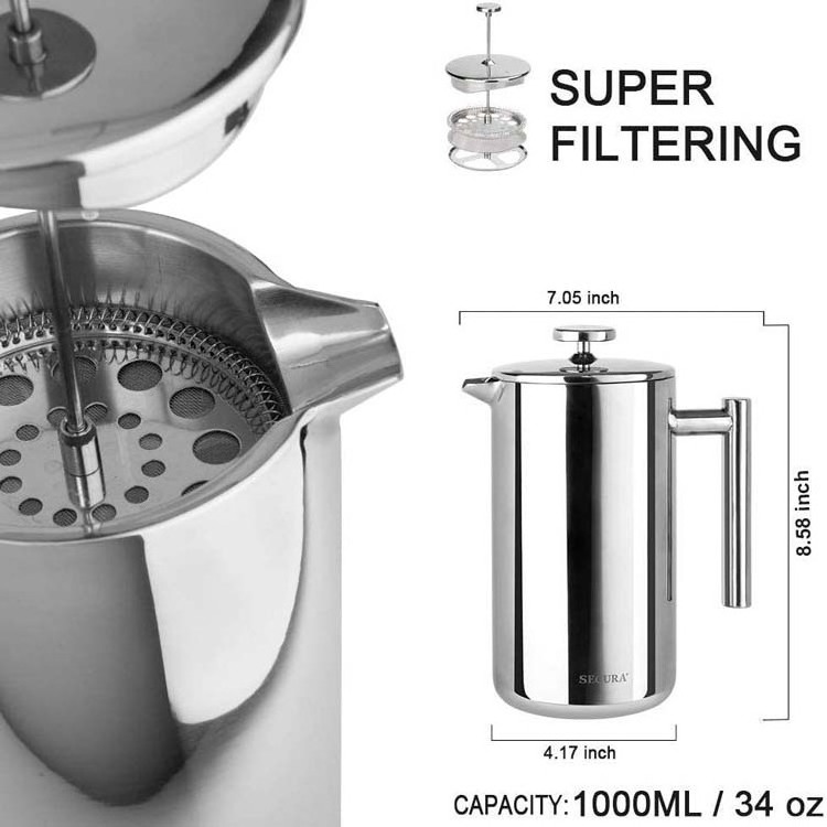 Stainless steel French press pot with filter double insulation brewing tea pot filter press pot tea brewer