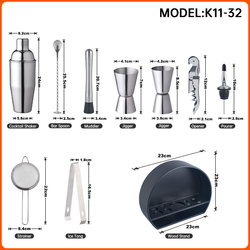 Creation Factory Direct Manufacturer Bartender Kit Tools Set Stainless Steel Cocktail Shaker Bar Set with Wooden Box