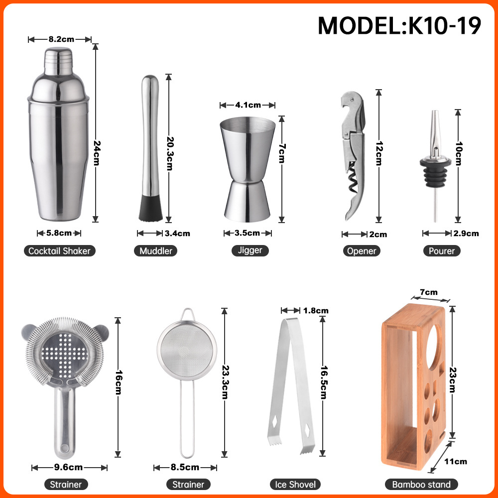 Creation Factory Direct 10 Piece Bamboo Wood Stand 25oz Bartender Kit Bar Tools Set Custom Logo Stainless Steel Cocktail Shakers