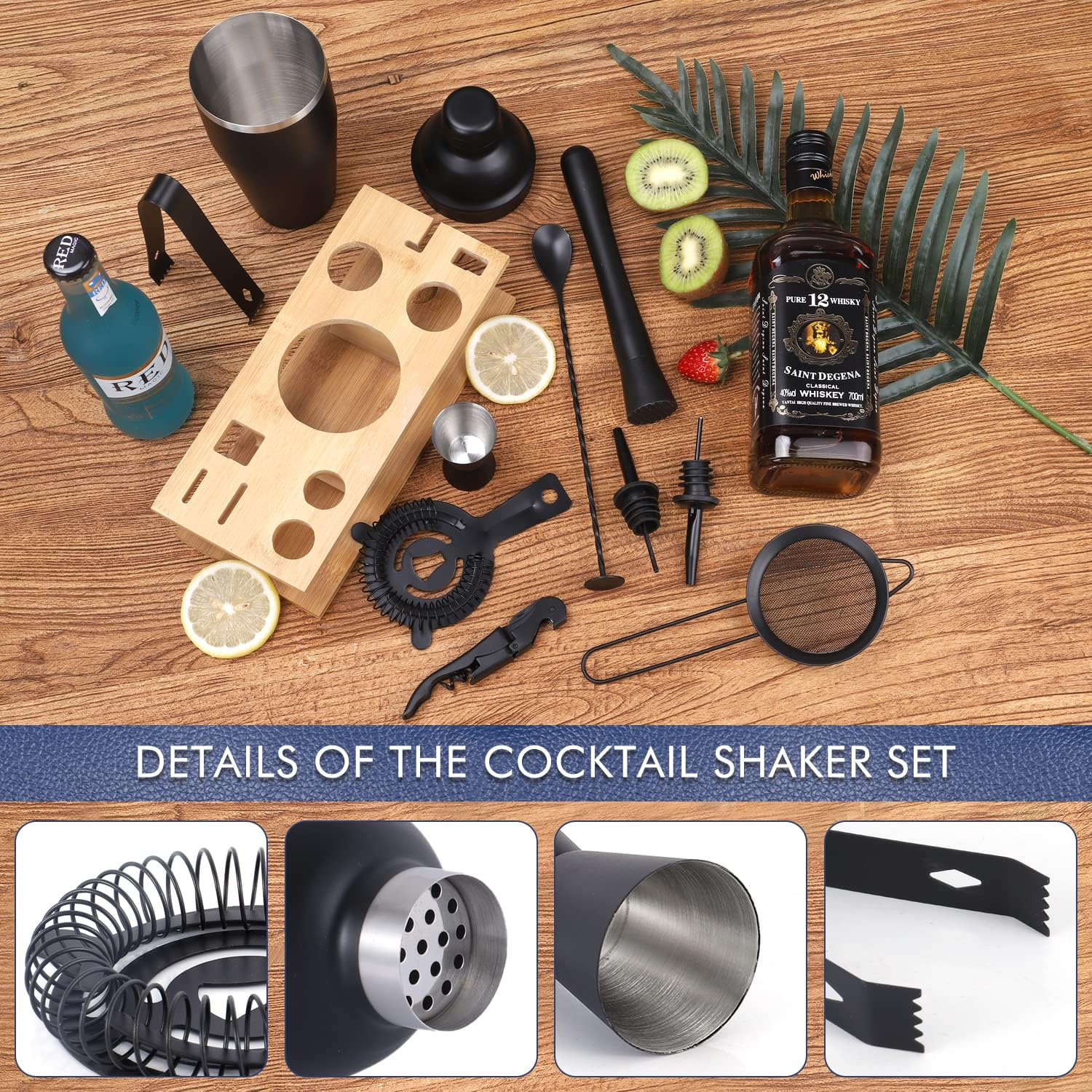 Creation Top Seller 8 Pieces Black  Cocktail Shaker Set Bartender Kit Cocktail Shaker Set Stainless Steel Shaker