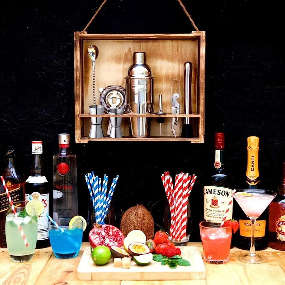 11 Piece Holder Wooden Box Bar Tools Professional Manufacturer 700ml Stainless Steel Cocktail Shaker Set Mixology Bartender Kit