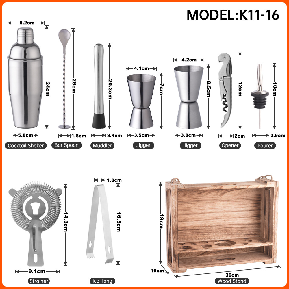 11 Piece Holder Wooden Box Bar Tools Professional Manufacturer 700ml Stainless Steel Cocktail Shaker Set Mixology Bartender Kit