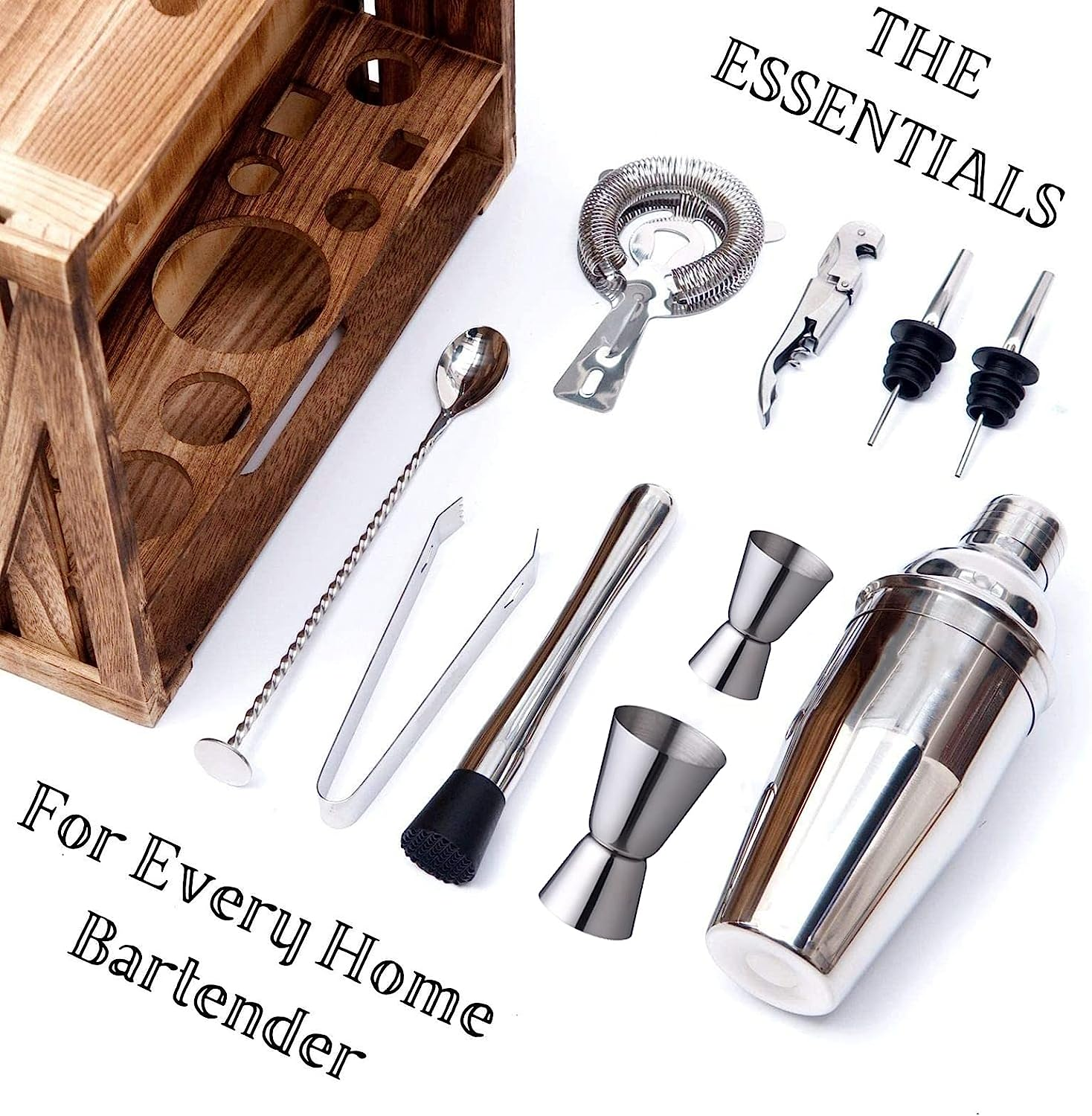 11 Piece Holder Wooden Box Bar Tools Professional Manufacturer 700ml Stainless Steel Cocktail Shaker Set Mixology Bartender Kit