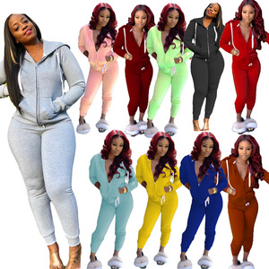 2021Solid Color Long Sleeve Sweatshirt Zipper Joggers Tracksuit Sweat Suit Plus Size Womens Pink 2 Piece Pants Set