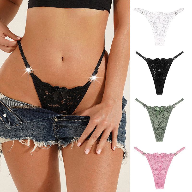 2024 Women Black Lace Panties Thong With Buckle Adjustmental Ring Thong Panties Double Skinny Sexy Lace Tong