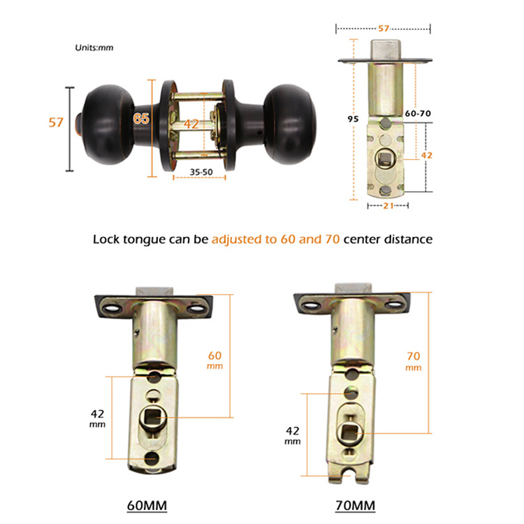 Without Key Round Interior Door Black Tubular Cylindrical Bathroom Keyless Door  Knob Lock