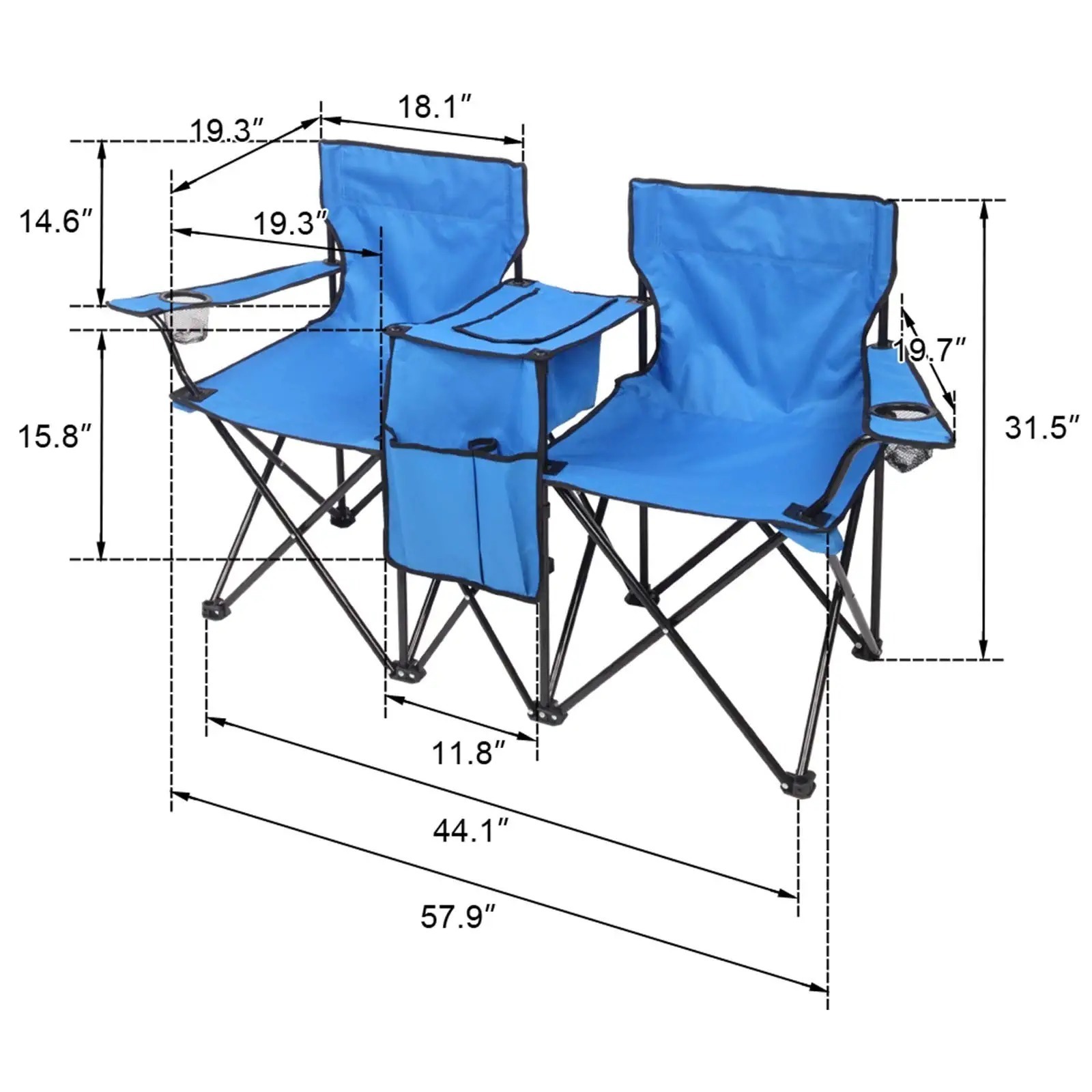 Outdoor patio light weight portable folding fishing cooler double seat camp armrest picnic chair with sun umbrella