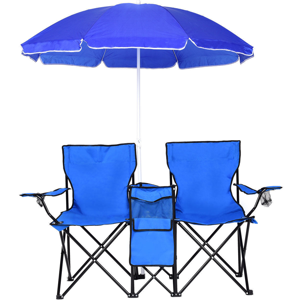 Outdoor patio light weight portable folding fishing cooler double seat camp armrest picnic chair with sun umbrella