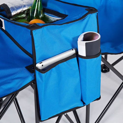 Outdoor patio light weight portable folding fishing cooler double seat camp armrest picnic chair with sun umbrella