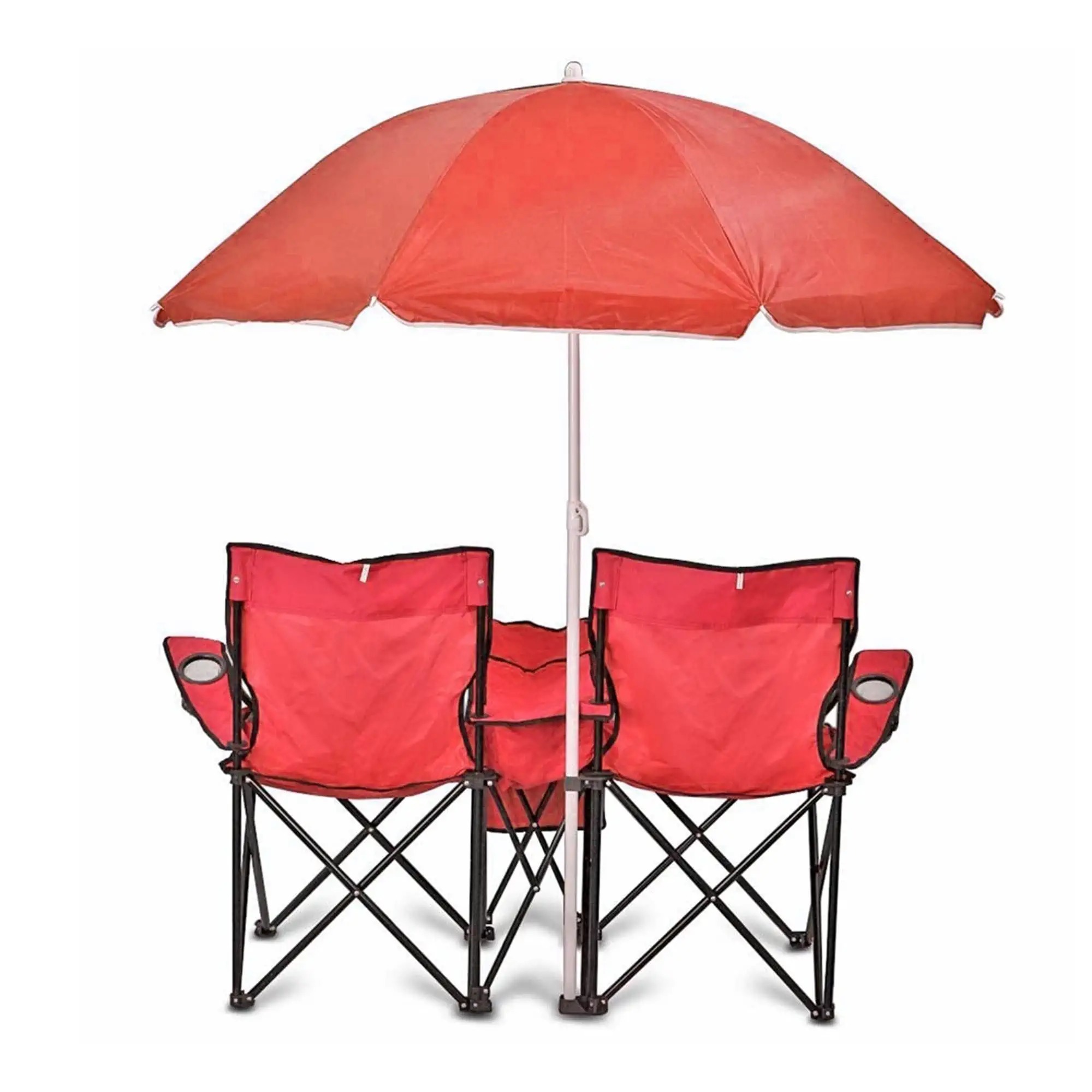 Custom Logo Modern Outdoor Luxury Utility Steel Tube Adult Folding Double Seat Lover Beach Arm Chair with Umbrella