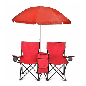 Custom Logo Modern Outdoor Luxury Utility Steel Tube Adult Folding Double Seat Lover Beach Arm Chair with Umbrella