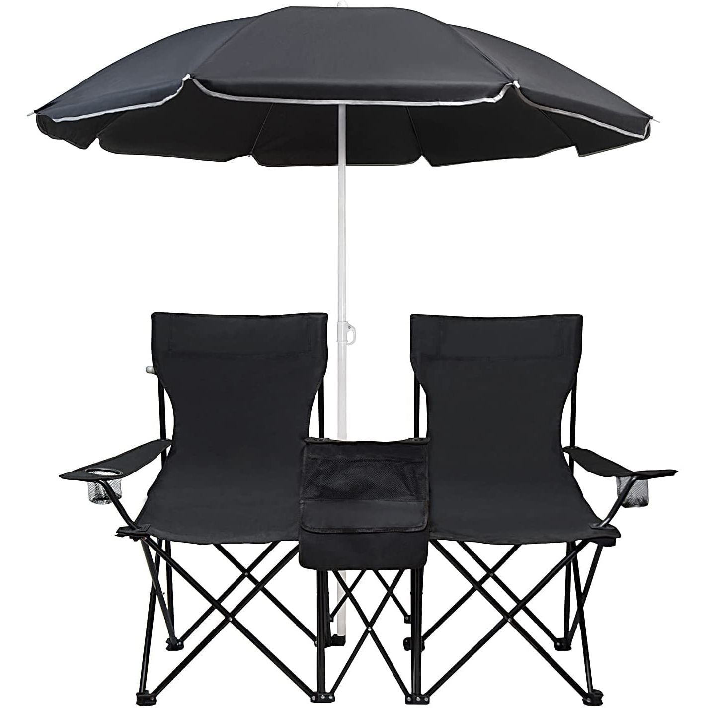 Wholesale Outdoor Steel Tube Black Fabric Utility Adult 2 Seat Folding Lover Beach Chair with Umbrella