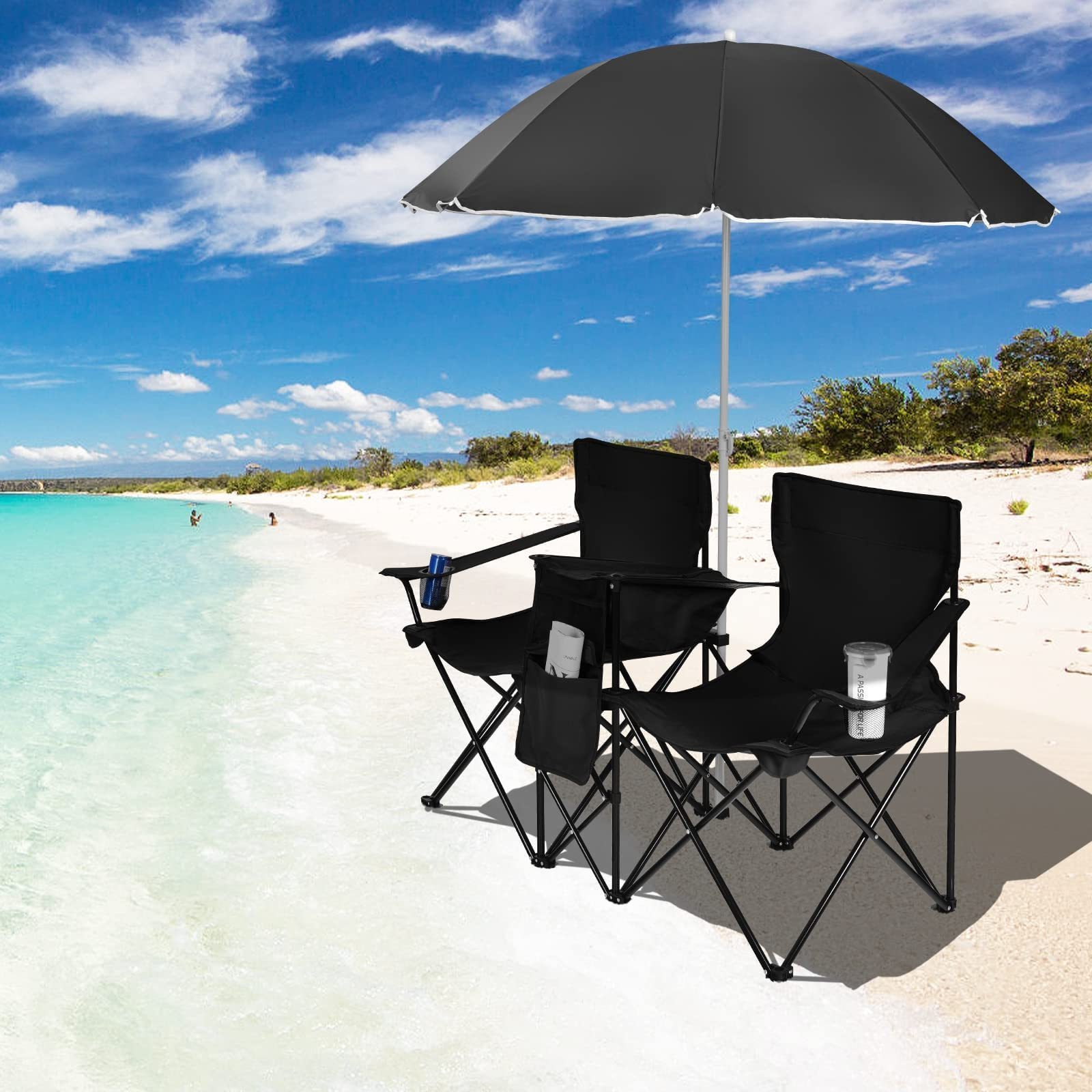 Wholesale Outdoor Steel Tube Black Fabric Utility Adult 2 Seat Folding Lover Beach Chair with Umbrella