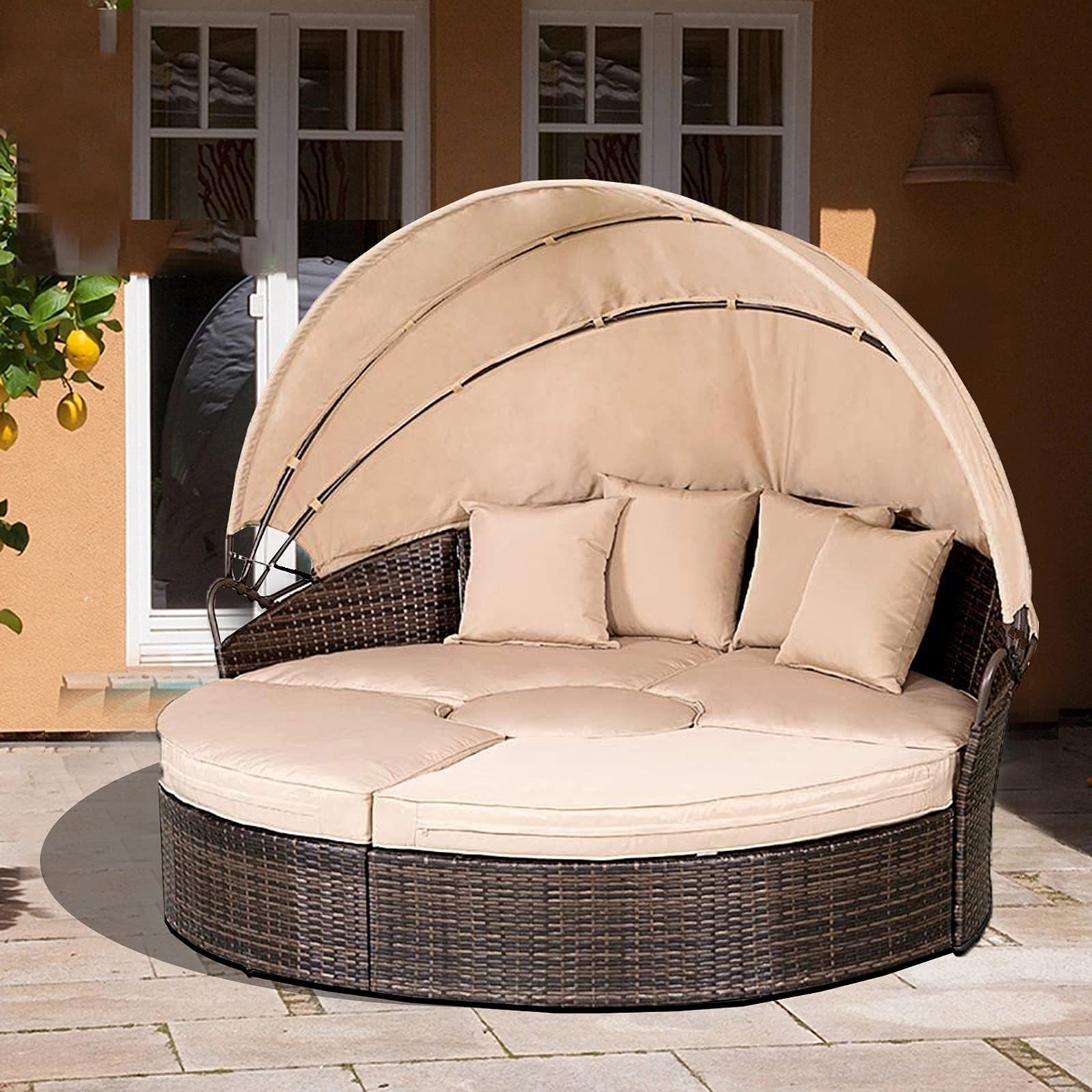 Outdoor Furniture Round PE Rattan Daybed 4-Piece Patio Set, Conversation Sectional Sofa Garden Set for Backyard Porch Poolside