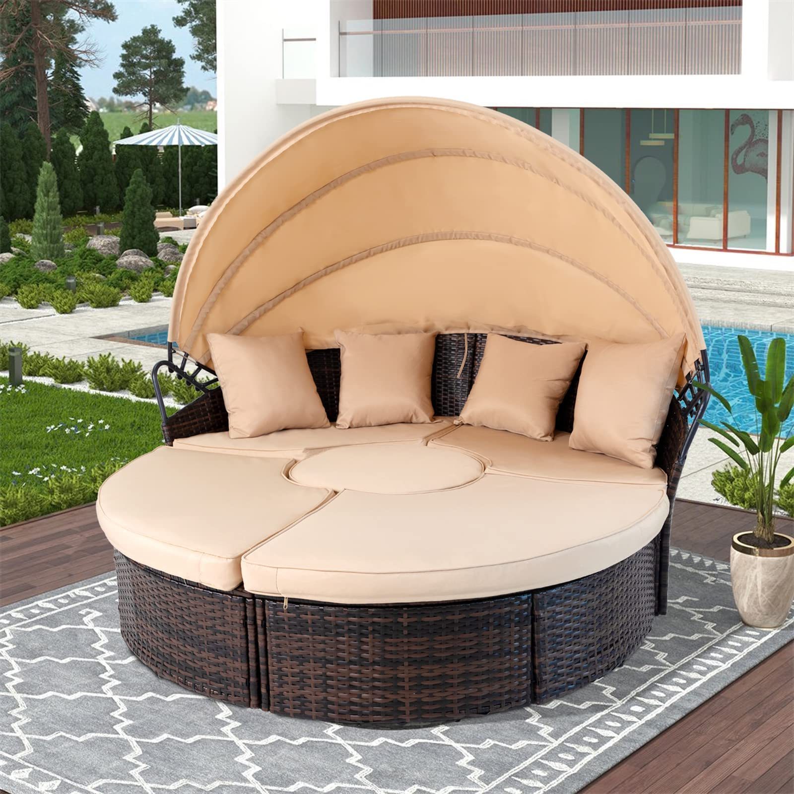 Outdoor Furniture Round PE Rattan Daybed 4-Piece Patio Set, Conversation Sectional Sofa Garden Set for Backyard Porch Poolside