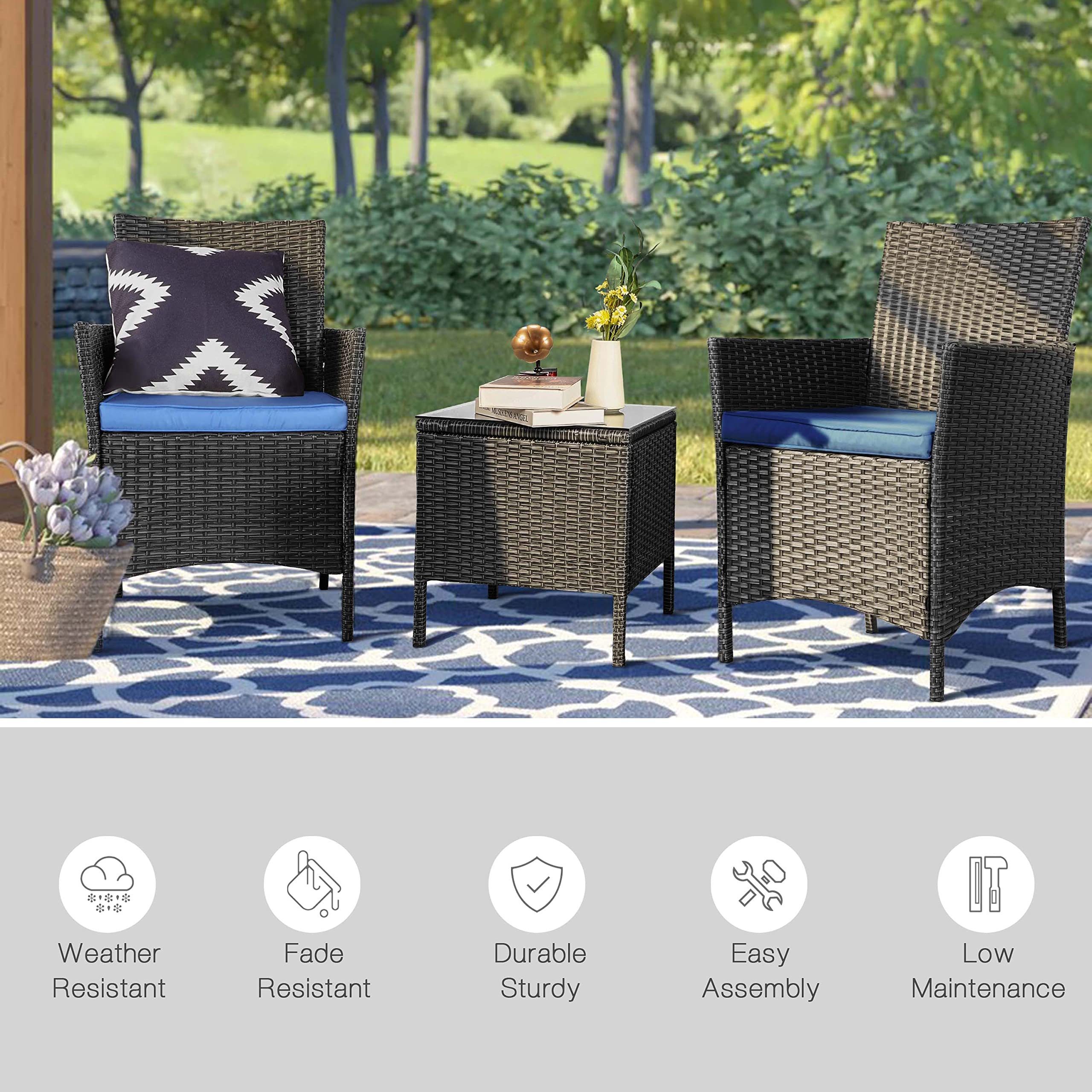 Custom Modern Outdoor Garden Luxury 3 Pieces Rattan Patio Set With Coffee Table and Two Chair