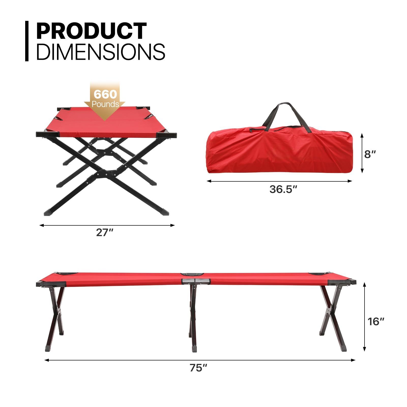 Outdoor Travel Red Max Load 660 Lbs Folding Portable Camping Fold Up Cots For Sleeping Lounging Home Nap