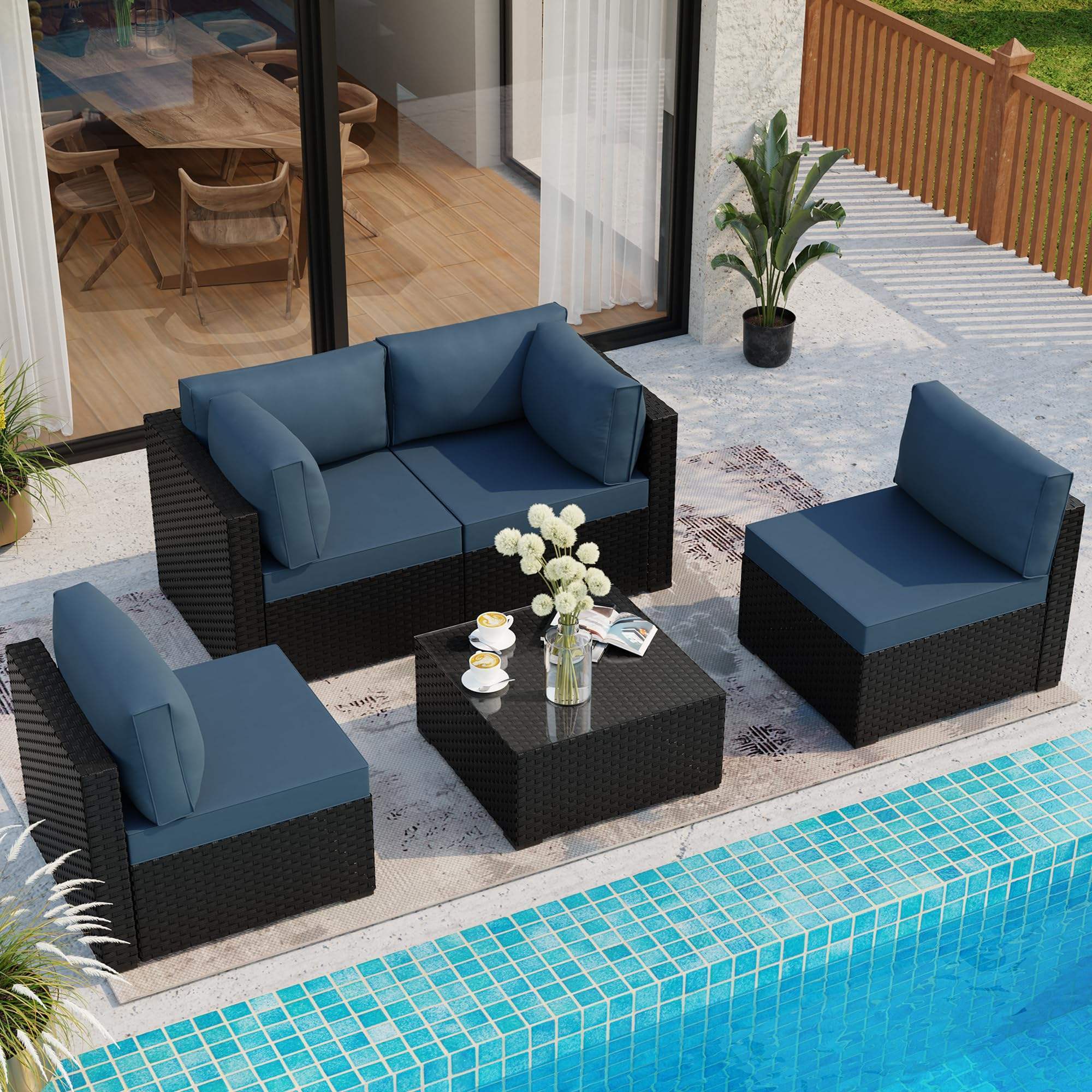 Outdoor Modern Patio Conversation Sofa PE Rattan Luxurious Garden Rattan Furniture Set for Backyard Porch