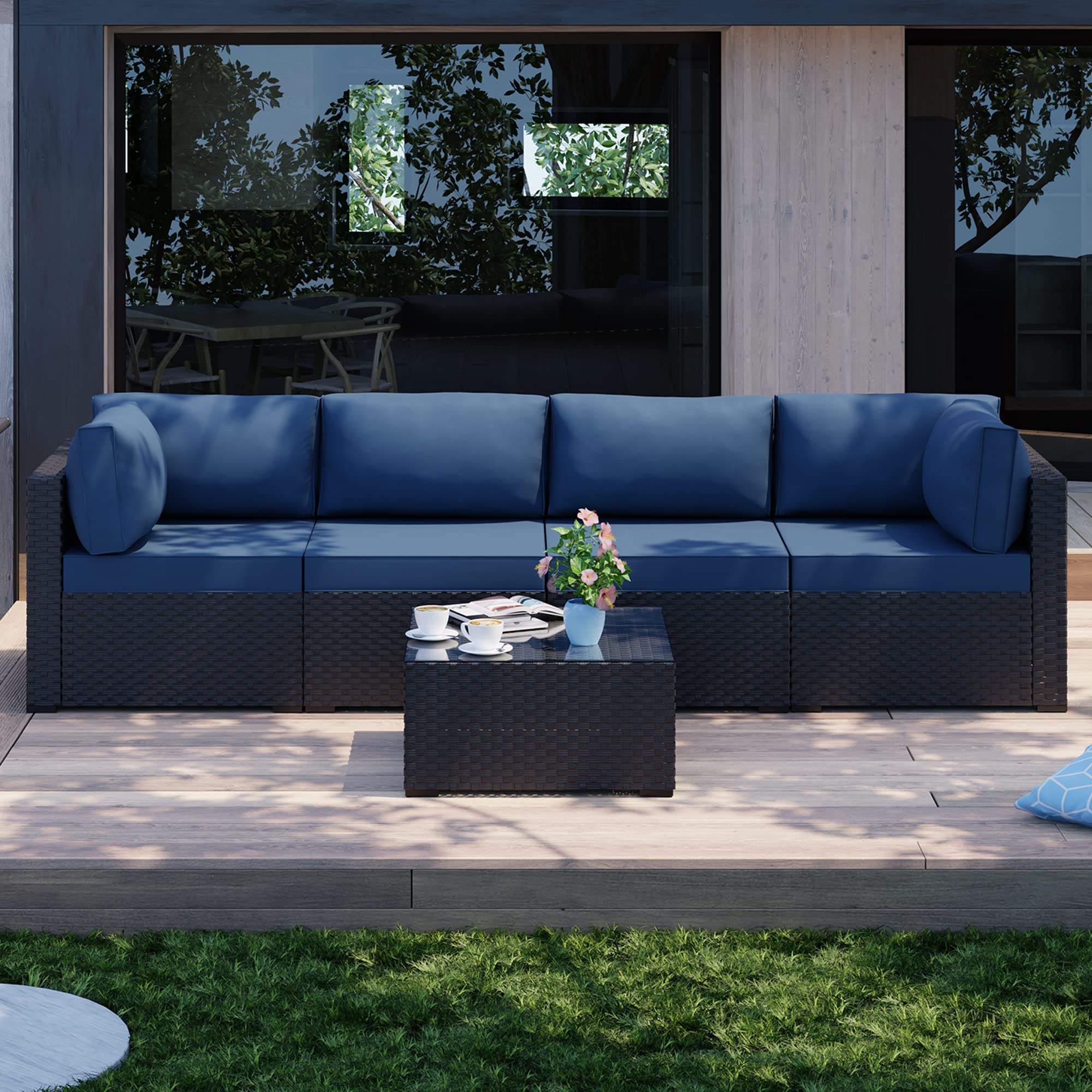 Outdoor Modern Patio Conversation Sofa PE Rattan Luxurious Garden Rattan Furniture Set for Backyard Porch