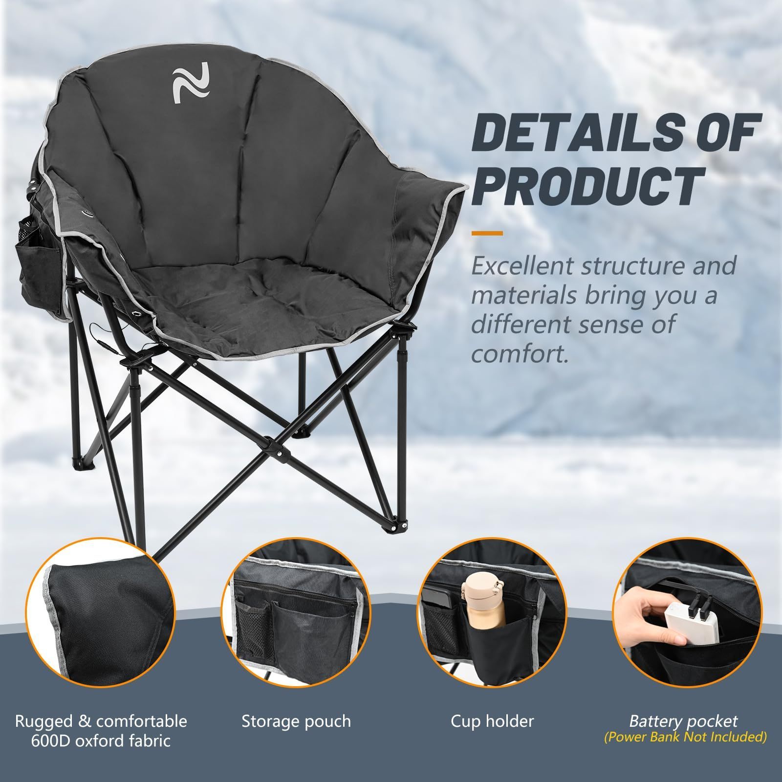 Outdoor Oversized Heated Camping Chair, 3 Heat Levels Portable Folding Round Moon Folding Lawn Heated Chair for Camping Patio