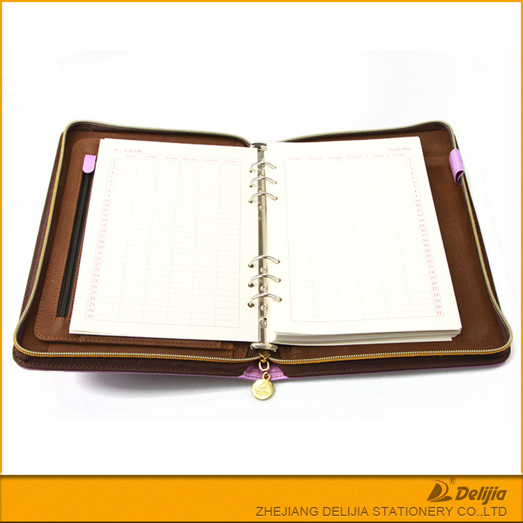 Customized office luxury stationery zipper a5 leather planner with ring binder