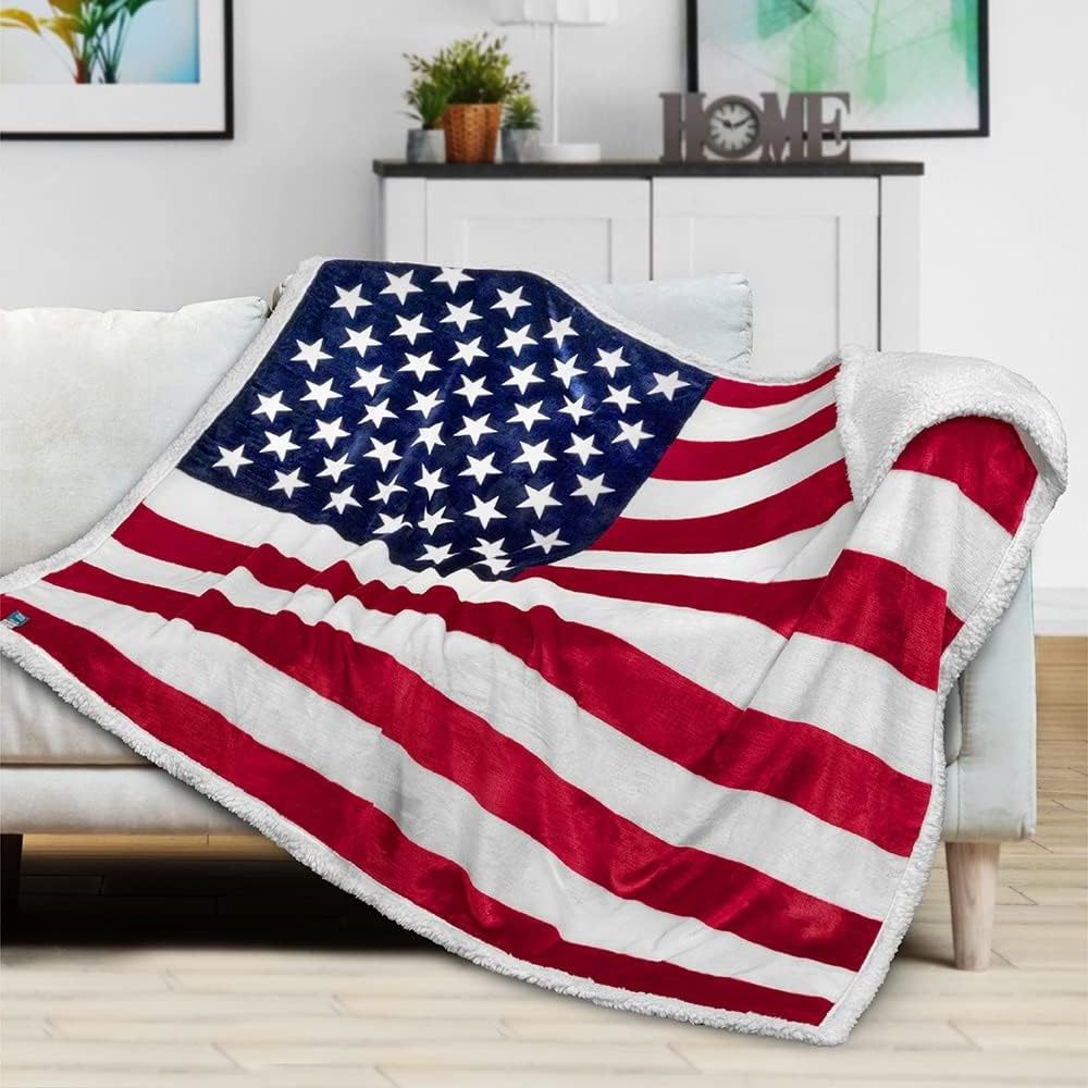 customized print American National Flag Throw Blanket Microfiber Sherpa Fleece Reversible US Flag Patriotic Blanket