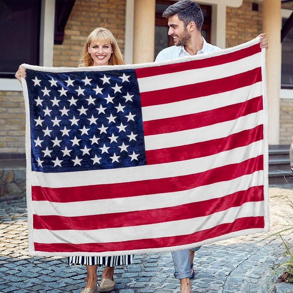 customized print American National Flag Throw Blanket Microfiber Sherpa Fleece Reversible US Flag Patriotic Blanket