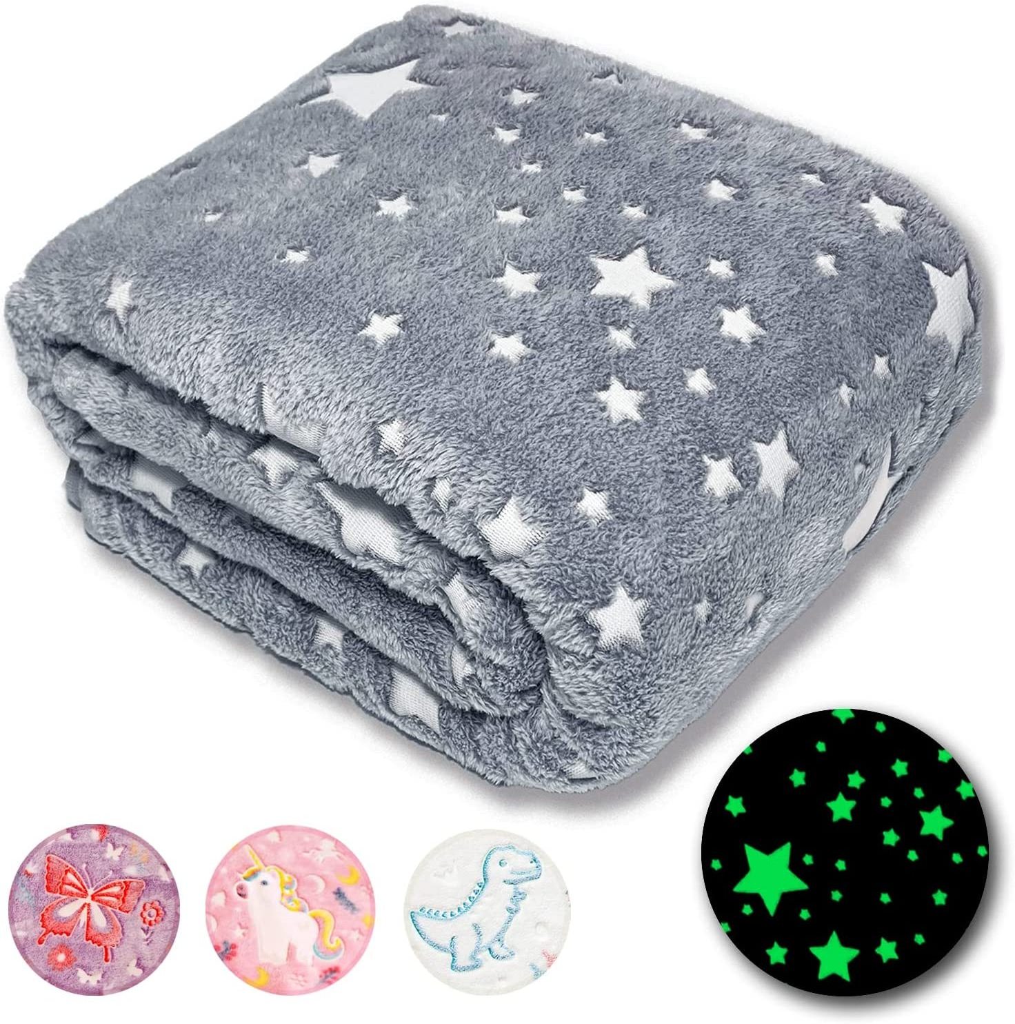 High quality 100% Polyester print star mantas luminoso super soft magic plush throw glow in the dark flannel shine blankets