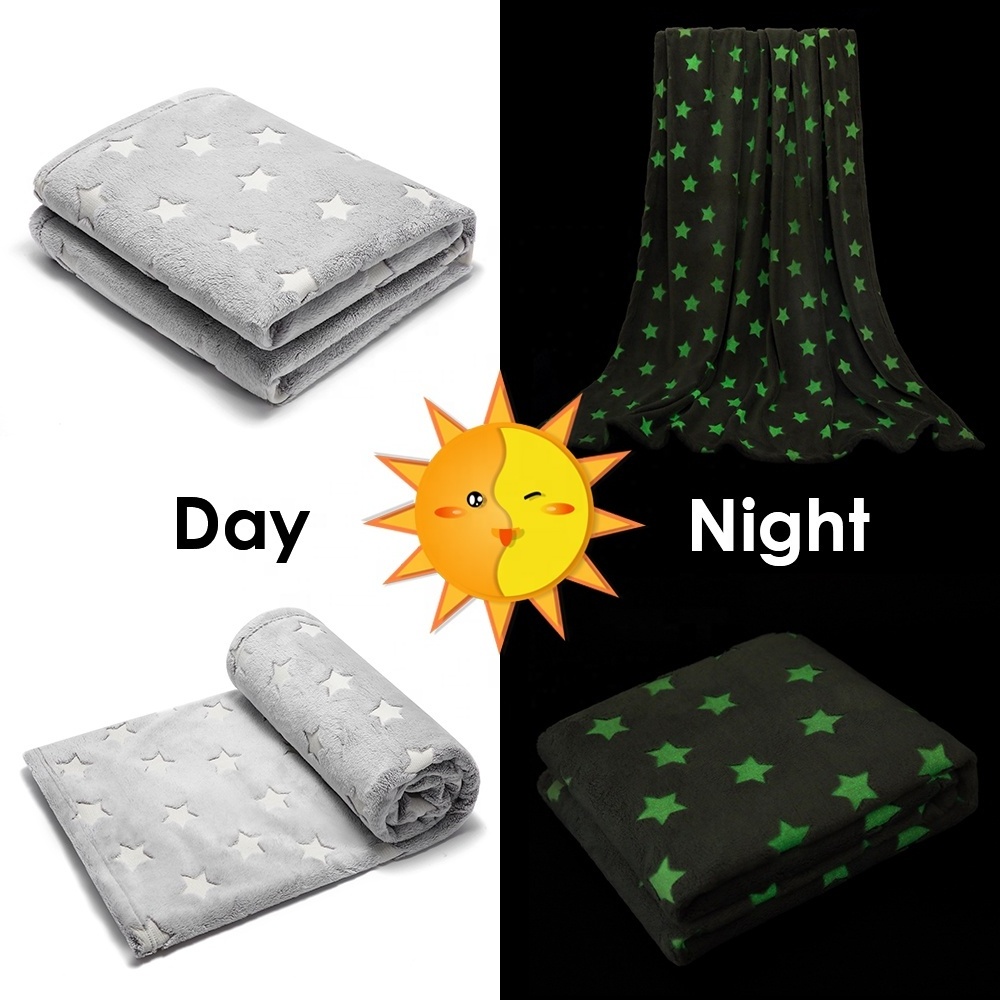 Hot sell glow in the dark blanket stars patterns throw flannel sofa bed luminous blanket