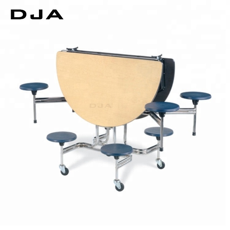 Custom School Furniture color Round 8 Seaters Space Saving Folding Canteen Restaurant Dining Table easy to move with casters