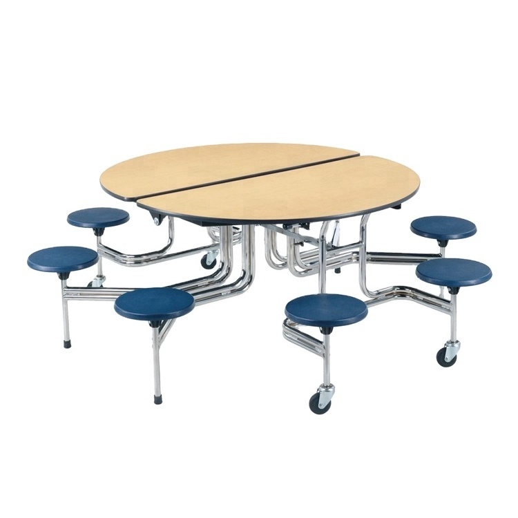 Custom School Furniture color Round 8 Seaters Space Saving Folding Canteen Restaurant Dining Table easy to move with casters