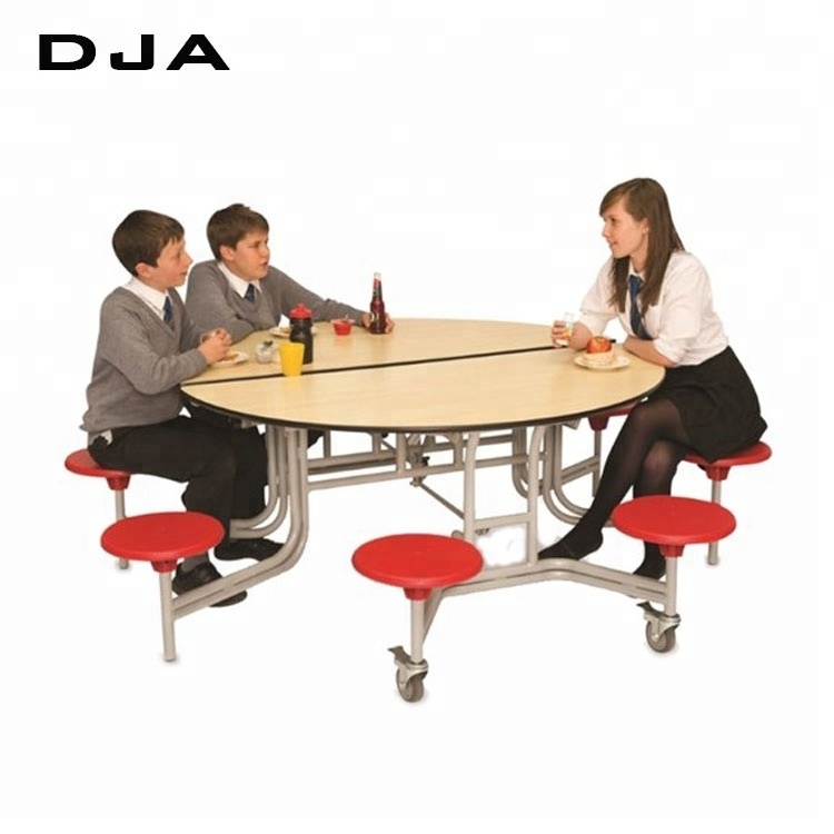 Custom School Furniture color Round 8 Seaters Space Saving Folding Canteen Restaurant Dining Table easy to move with casters