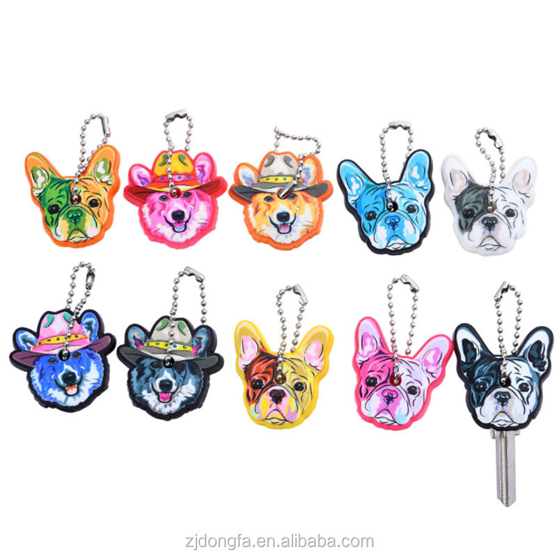 Cartoon bulldog charm Key Chain PVC Cute Pet Dog Cat Key Cover Caps Rubber Pug Keyring anime key chains