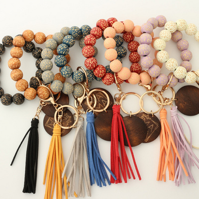 Wholesale High Quality Handmade  Pu keychain leather bracelet wood  Beaded Bracelet Wristlet Keychain for Mom